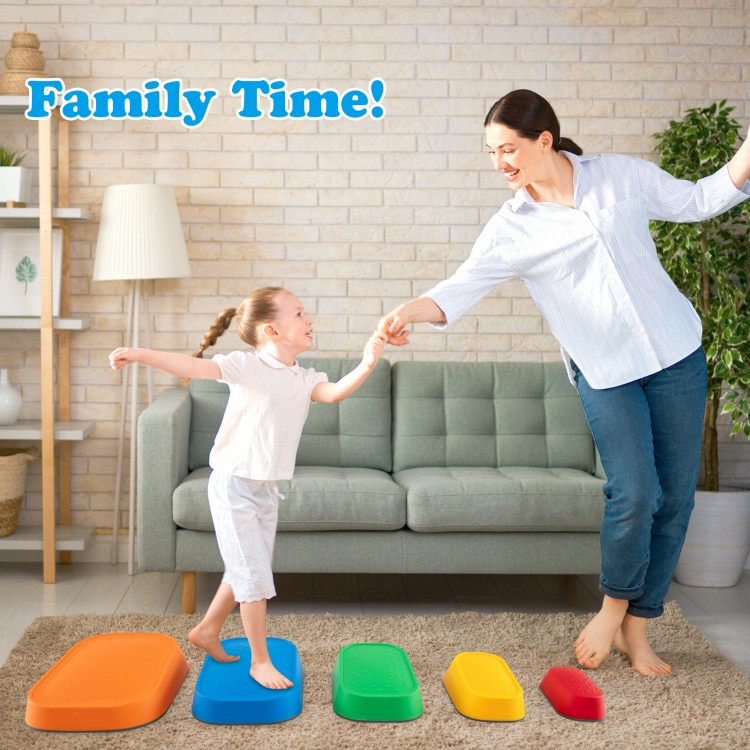 Colorful non-slip stepping stones for kids, promoting balance and coordination during fun family playtime indoors or.