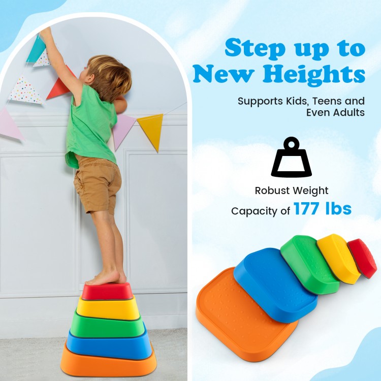 Colorful 5-piece non-slip stepping stone set for kids, supporting up to 177 lbs, ideal for indoor and outdoor play.