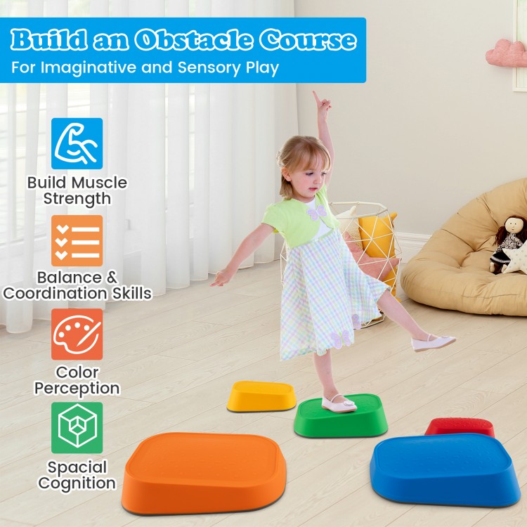 Colorful non-slip stepping stones for kids, promoting balance, coordination, and imaginative play indoors or outdoors.