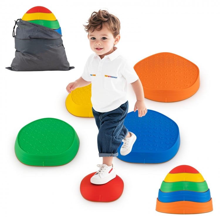 Colorful non-slip balance stones for kids, ideal for play and coordination, with a convenient storage bag included.