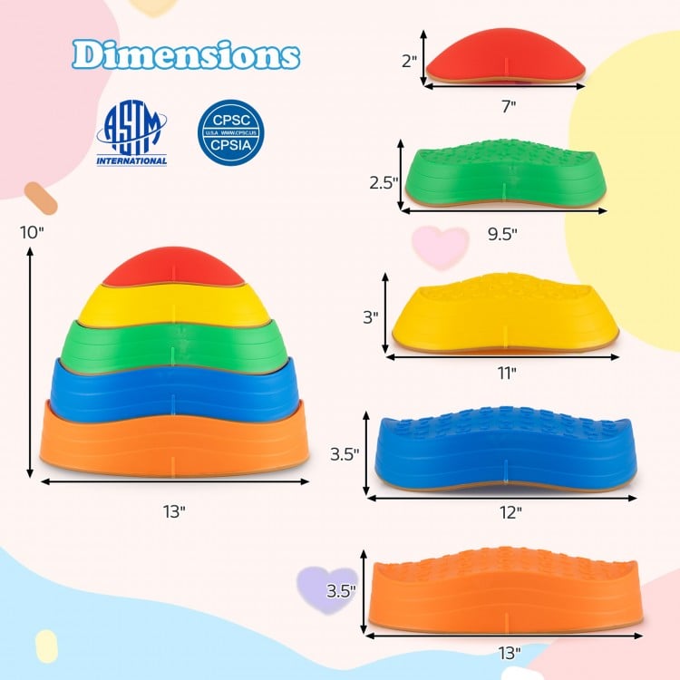 Multicolor set of 5 non-slip balance stones, ideal for kids' play, promoting balance and coordination, with convenient.