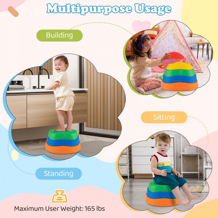 Multicolor stepping stones for kids, showcasing building, sitting, and standing uses, with a maximum user weight of 165.
