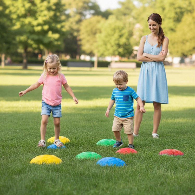Colorful non-slip stepping stones for kids, enhancing balance and motor skills during outdoor play in the park.