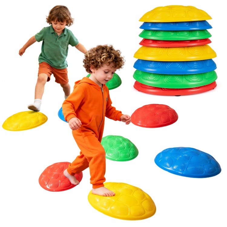 Colorful non-slip stepping stones for kids, promoting balance and motor skills, suitable for various surfaces and fun.