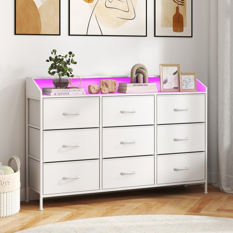 Storage organizer in white with 9 fabric drawers and LED lights, perfect for bedroom storage and TV display.