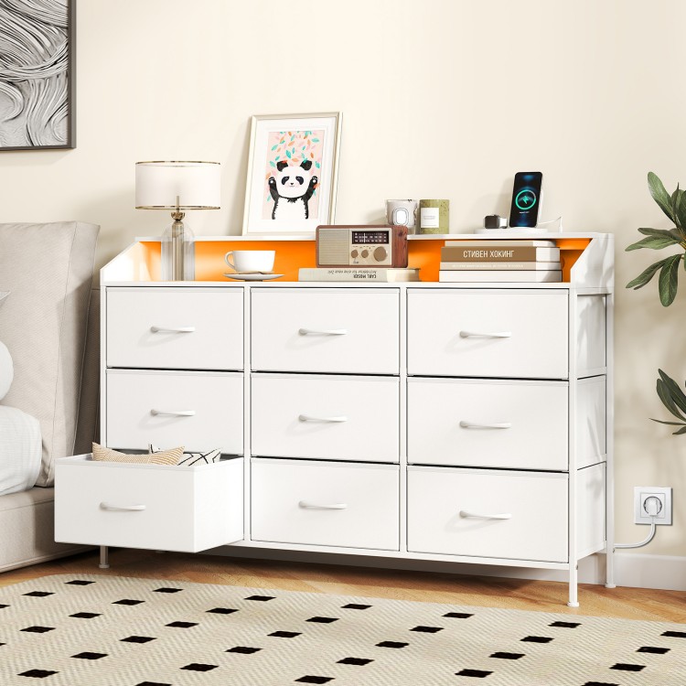 Storage organizer with 9 fabric drawers and LED lights, featuring a sturdy metal frame for bedroom use.