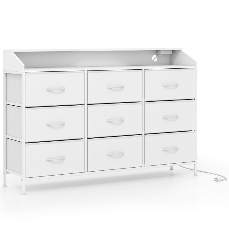 Storage organizer in white with 9 fabric drawers and LED lights, ideal for bedroom storage and TV display.