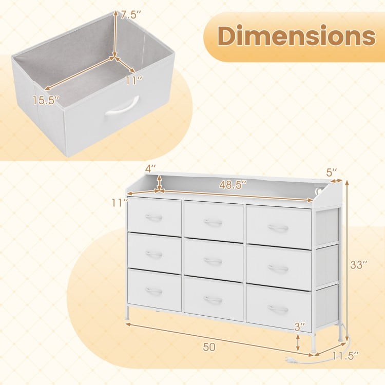 Storage organizer with 9 fabric drawers and LED lights, featuring a spacious countertop for versatile bedroom use.