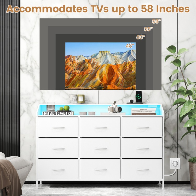 Storage organizer with LED lights, accommodating TVs up to 58 inches, featuring 9 fabric drawers and a spacious.