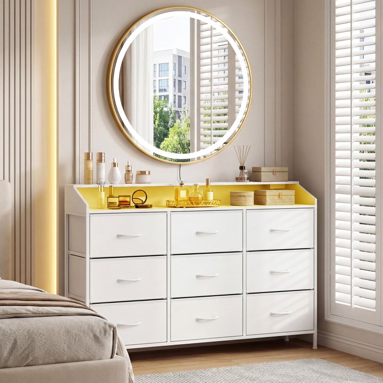 Storage organizer in white with LED lights, featuring 9 fabric drawers and a spacious countertop for bedroom use.