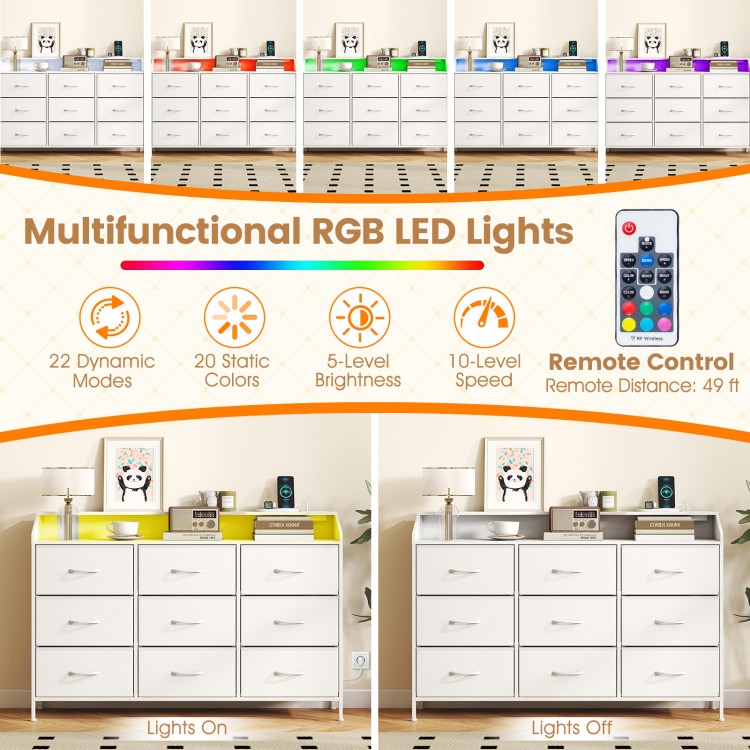 Storage organizer with 9 fabric drawers and RGB LED lights, featuring remote control and adjustable foot pads for.