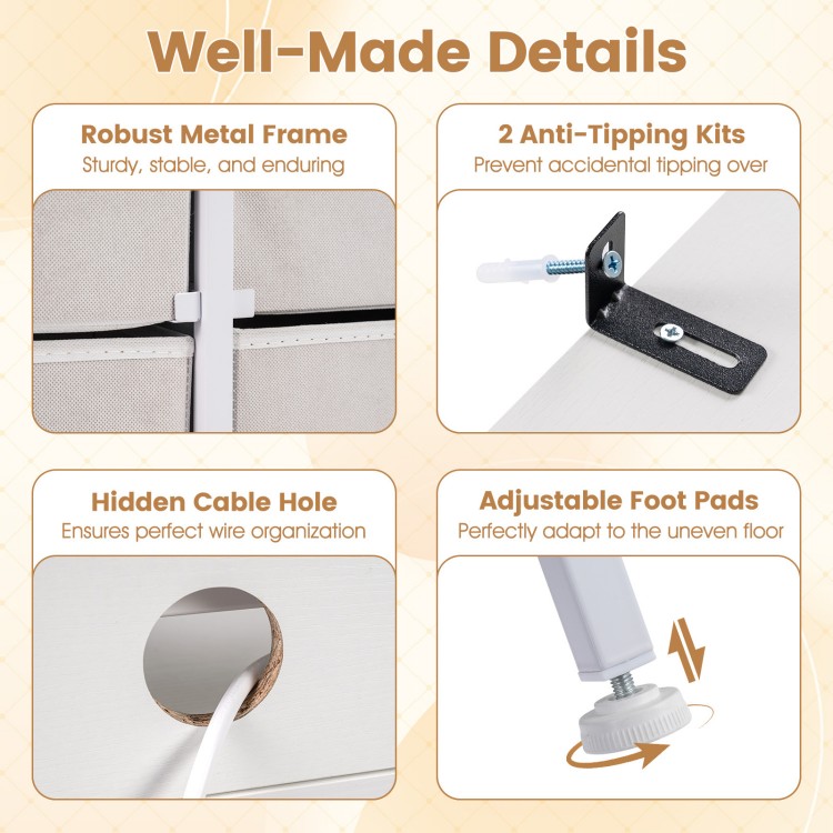 Close-up of the storage organizer's robust metal frame, featuring a hidden cable hole and adjustable foot pads for.