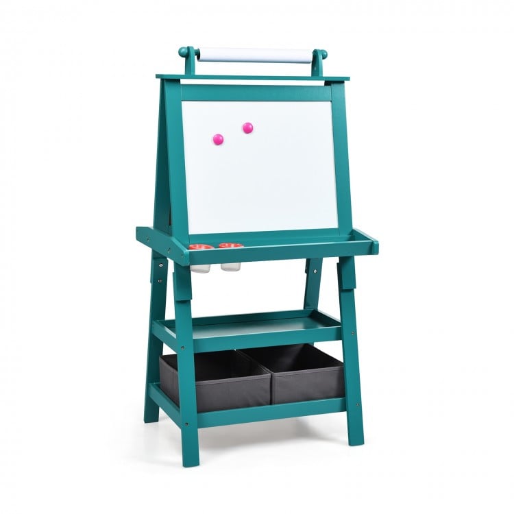 Double-sided green art easel with magnetic whiteboard, chalkboard, and storage bins for kids' creative activities.