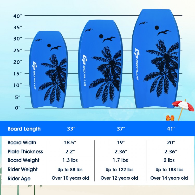 Three sizes of Super Lightweight Bodyboard with EPS core, featuring a waterproof XPE deck and stylish palm design for.