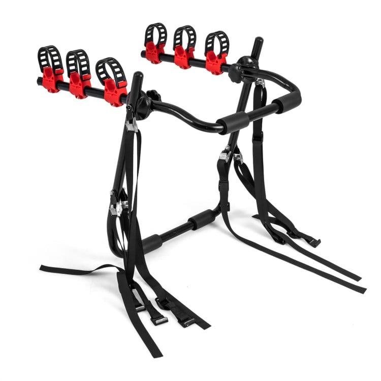Foldable Superbuy 3-bike trunk mount bike rack in black, designed for hatchbacks and SUVs, with anti-sway features.