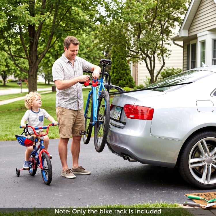 Trunk mount 3-bike rack with anti-sway straps, shown attached to a car, ideal for family trips and easy storage.