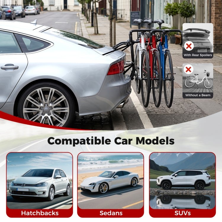 Trunk mount 3-bike rack for SUVs, hatchbacks, and sedans, featuring anti-sway straps and soft padding for stability.