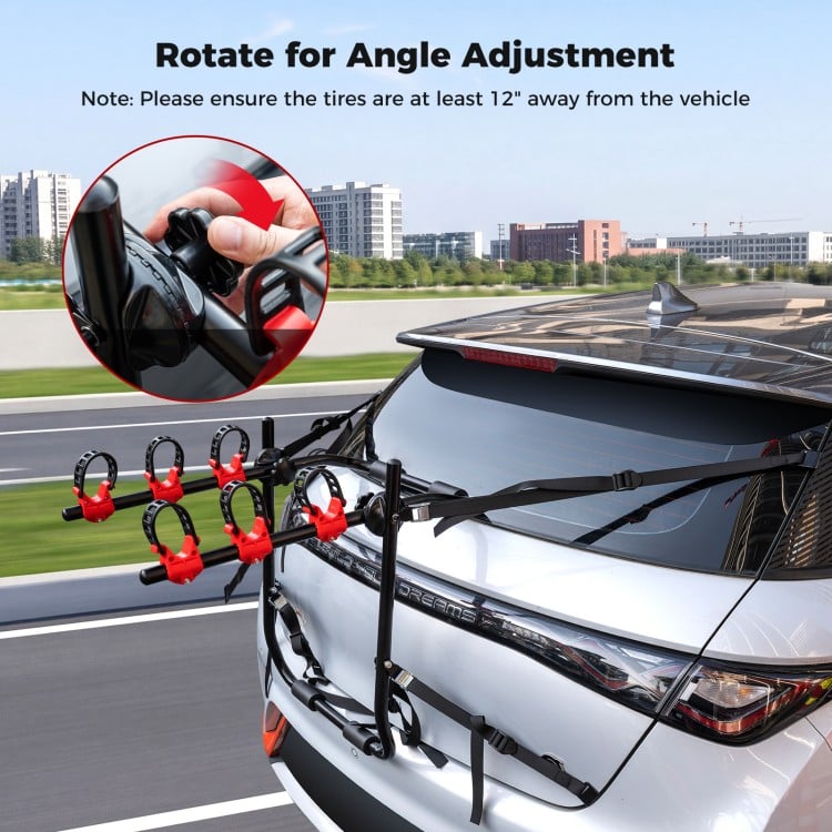 Adjustment knob on Superbuy trunk mount 3-bike rack for SUVs, allowing angle adjustment for enhanced stability and fit.