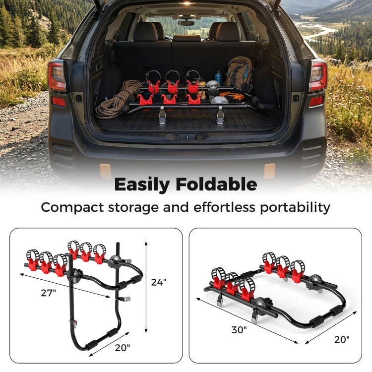 Trunk mount 3-bike rack with anti-sway straps, foldable design, and soft padding for SUVs, supporting up to 110 lbs.