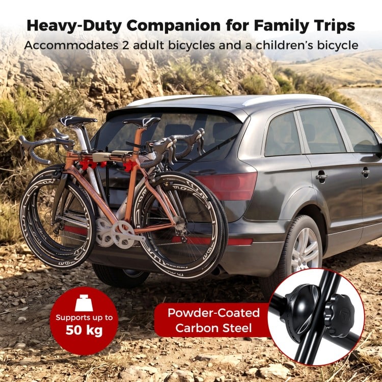 Trunk mount 3-bike rack for SUVs, made of powder-coated carbon steel, supports 2 adult bikes and a child's bike.