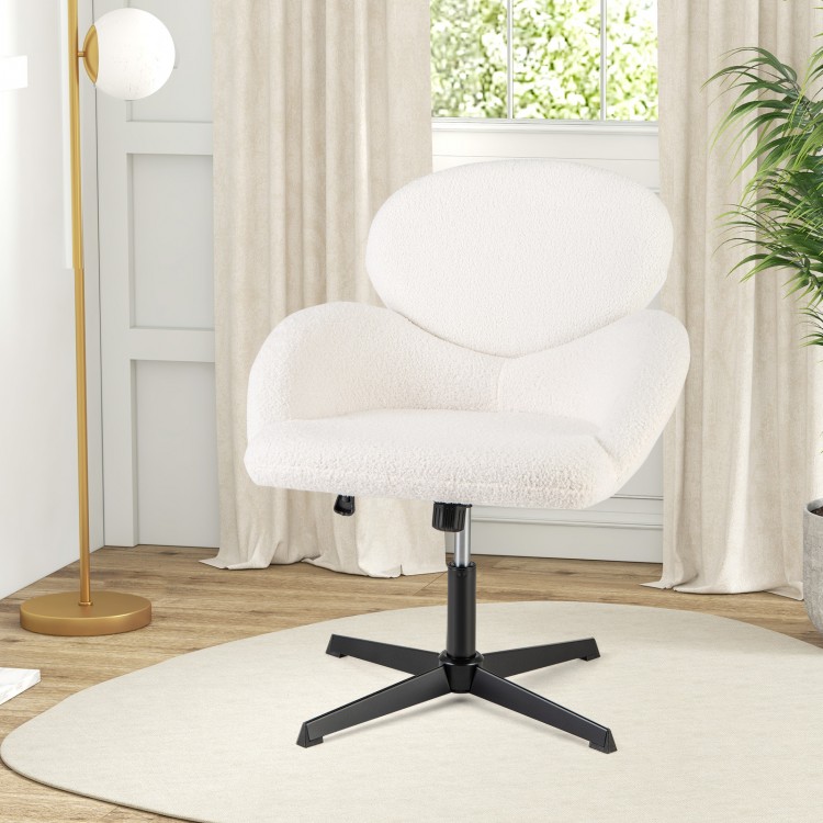 Swivel cross-legged chair in white with fluffy teddy fabric, adjustable height, and rocking function for versatile.