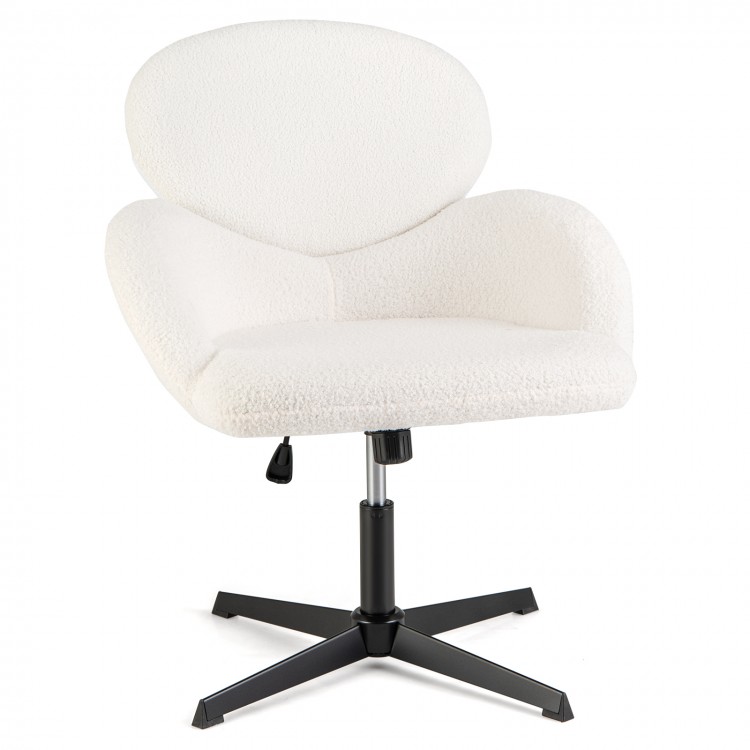 Swivel cross-legged chair in white with adjustable height, rocking function, and soft teddy fabric for comfort.