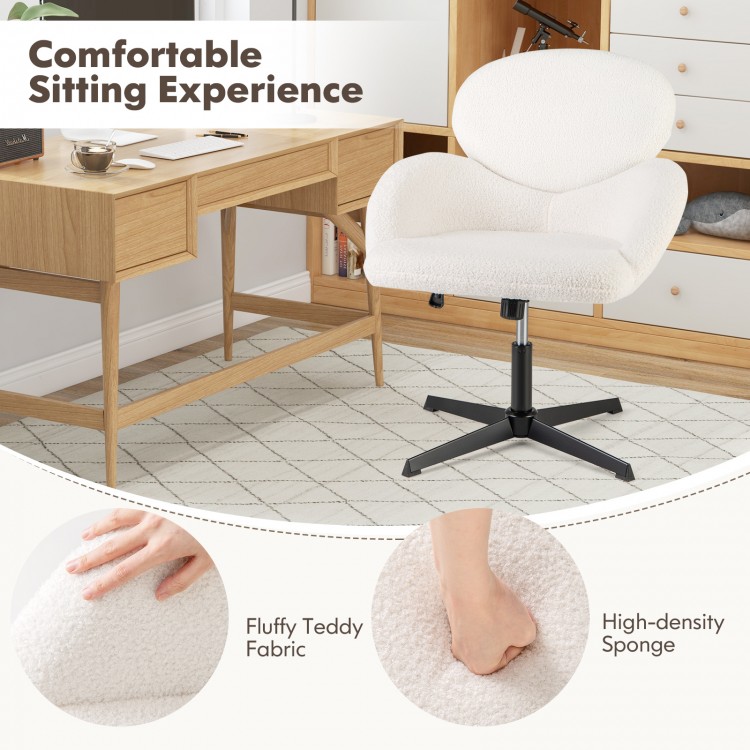 Close-up of the swivel cross-legged chair showcasing fluffy teddy fabric and high-density sponge for ultimate comfort.