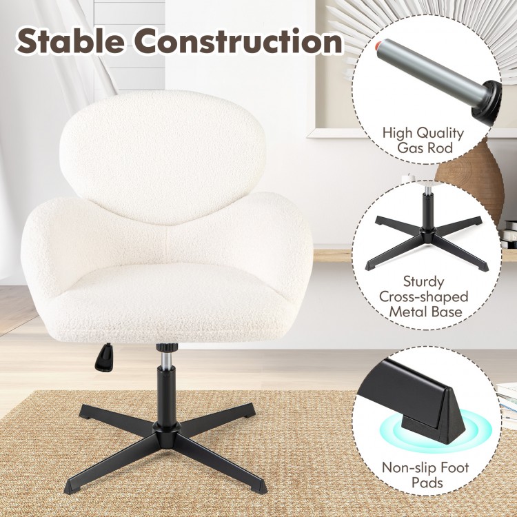 Swivel cross-legged chair in white with fluffy teddy fabric, adjustable height, and sturdy metal base for home office.