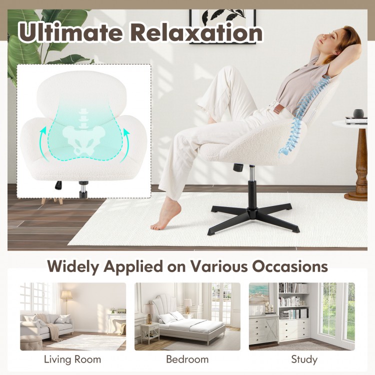 Swivel cross-legged chair in white with adjustable height, rocking function, and soft teddy fabric for versatile.