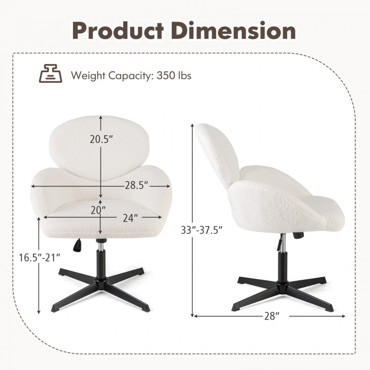 Swivel cross-legged chair in white with adjustable height, rocking function, and soft teddy fabric for home office use.