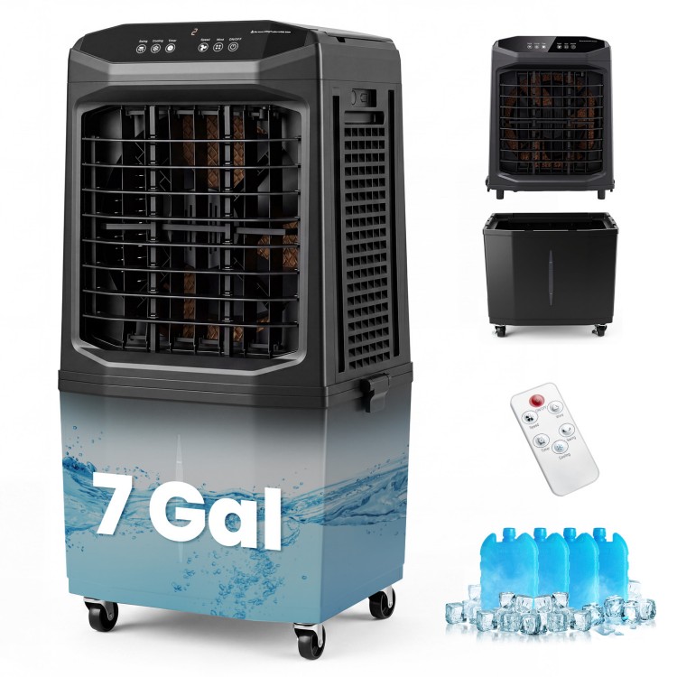 Evaporative air cooler in black with 4 reusable ice packs, offering efficient cooling and 3 fan speeds for customized.