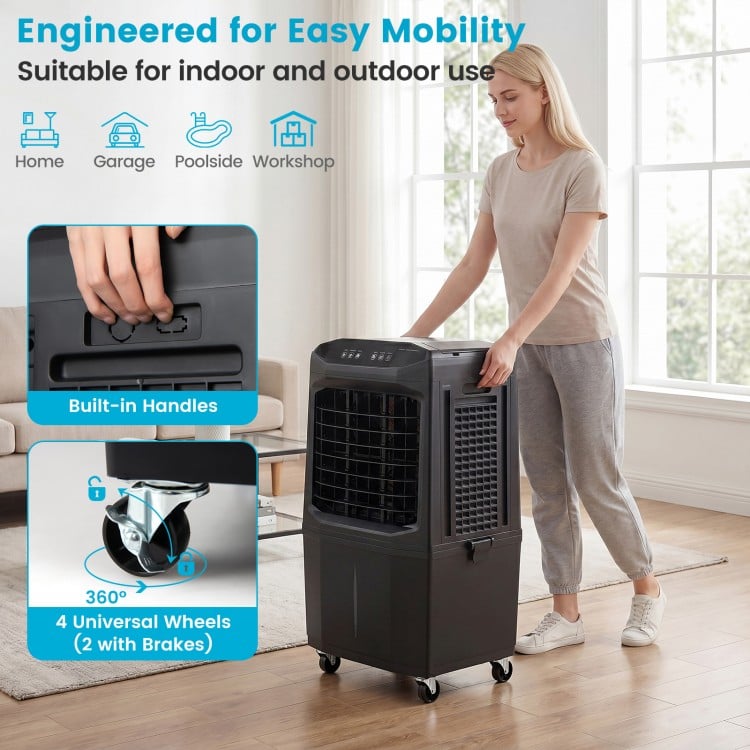 Swamp cooler with 1800 CFM airflow, 7-gallon detachable tank, and universal wheels for easy mobility indoors and.