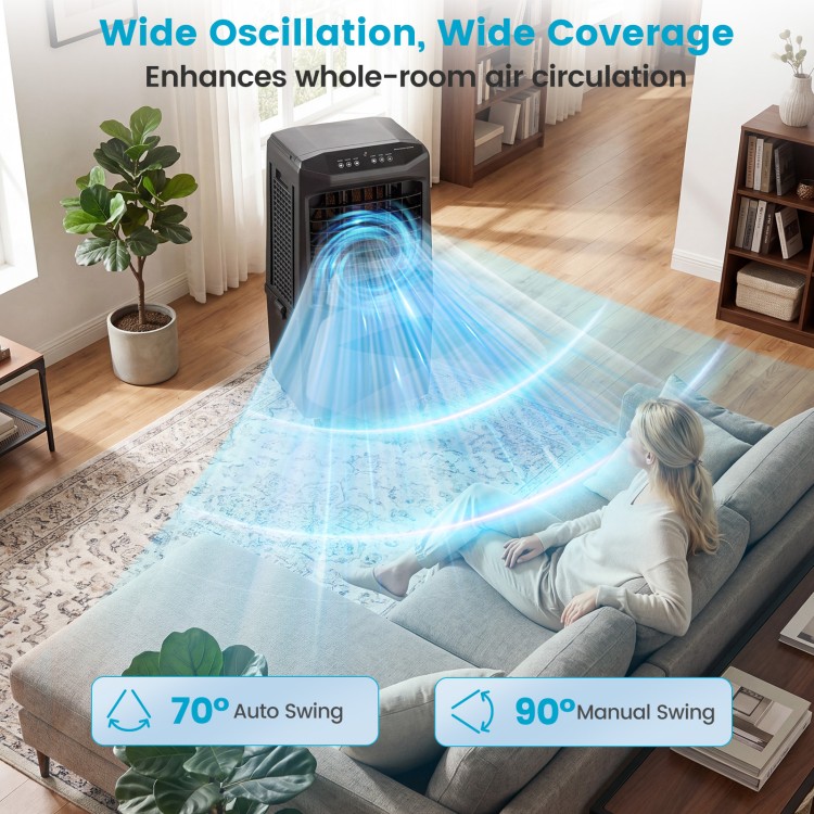 Evaporative air cooler with 1800 CFM airflow, 7-gallon tank, and wide oscillation for efficient room cooling.