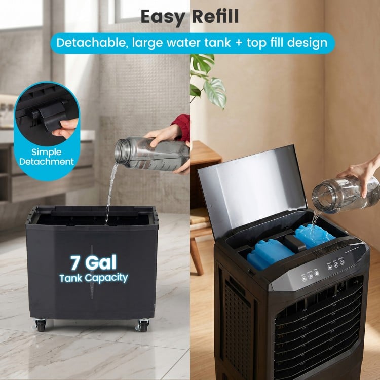 Detachable 7-gallon water tank of the Swamp Cooler for easy refills, featuring a top fill design for convenient use.