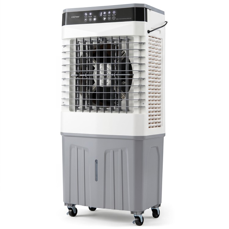 3-in-1 evaporative air cooler with 2100 CFM airflow, 7.2-gallon tank, and remote control for efficient cooling.