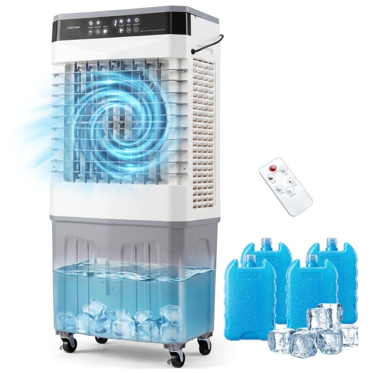 Swamp cooler with 2100 CFM airflow, 7.2 Gal water tank, and 4 ice packs for efficient cooling in any space.