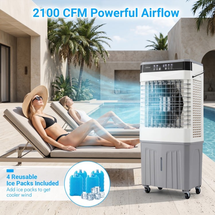 Swamp cooler with 2100 CFM airflow, 7.2-gal tank, and 4 ice packs for efficient cooling by the poolside.