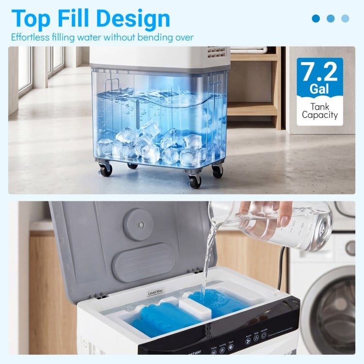 Top fill design of the Swamp Cooler with 7.2 Gal tank, showcasing effortless water filling and ice pack addition.
