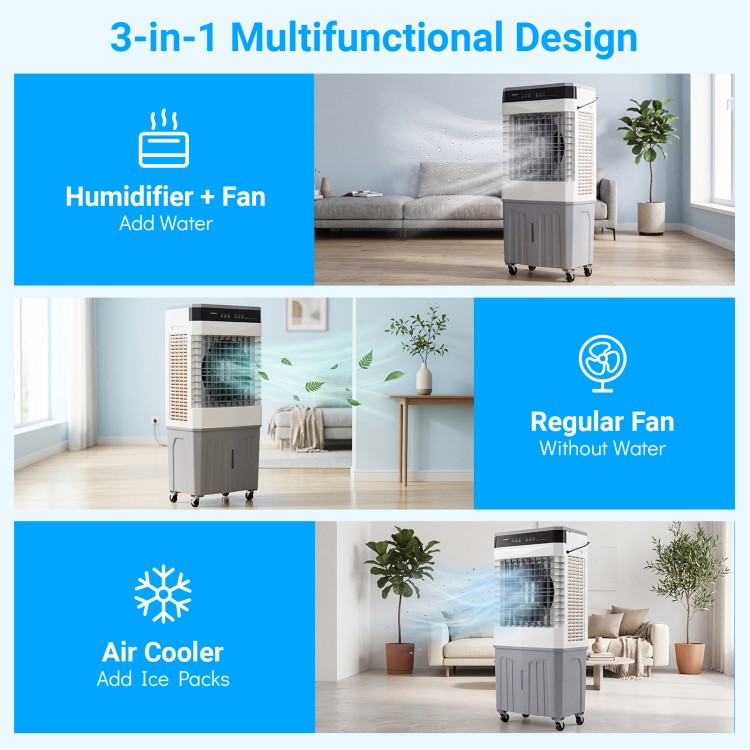 3-in-1 Swamp Cooler with 2100 CFM airflow, large 7.2 Gal tank, and ice pack feature for efficient cooling.