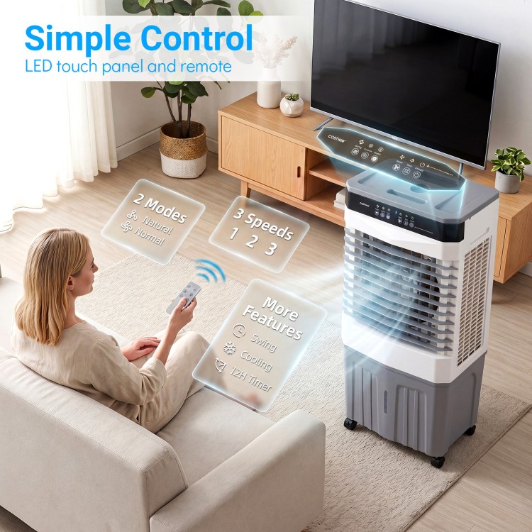 Evaporative air cooler with remote control, 2100 CFM airflow, 7.2 Gal tank, and 3 speeds for efficient cooling.