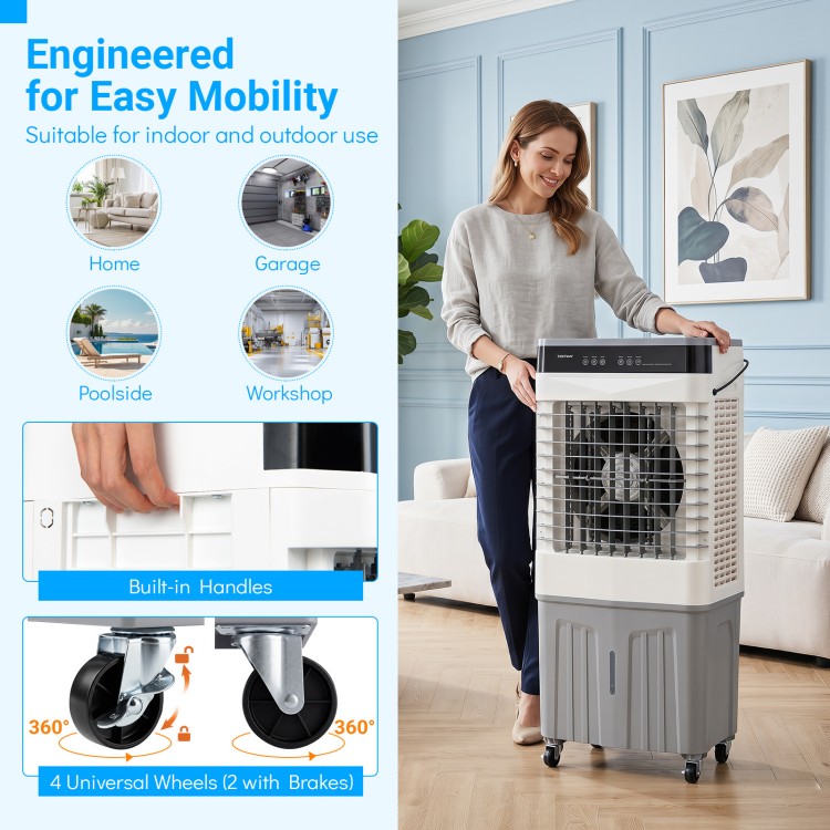 Swamp cooler with 2100 CFM airflow, 7.2-gallon tank, and universal wheels for easy mobility in home or garage.