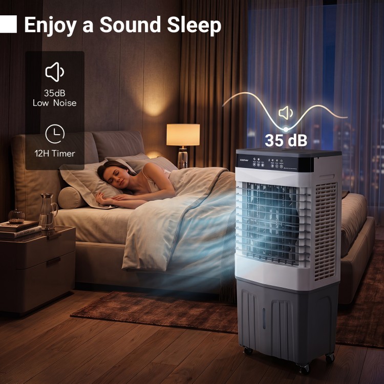Swamp cooler with 2100 CFM airflow, 7.2 Gal tank, 35dB low noise, ideal for home cooling and comfort.