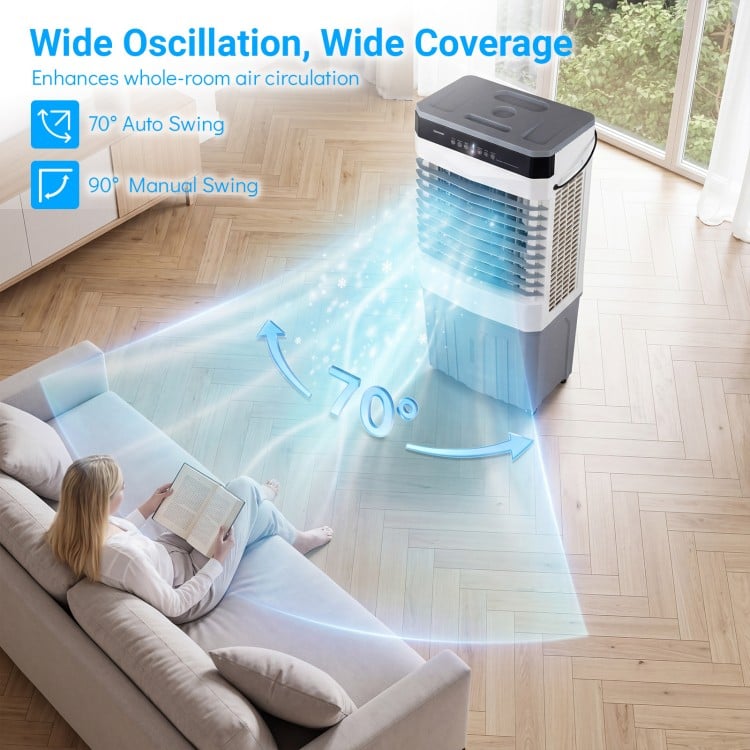 Swamp Cooler with wide oscillation and 2100 CFM airflow, ideal for efficient cooling in home or commercial spaces.