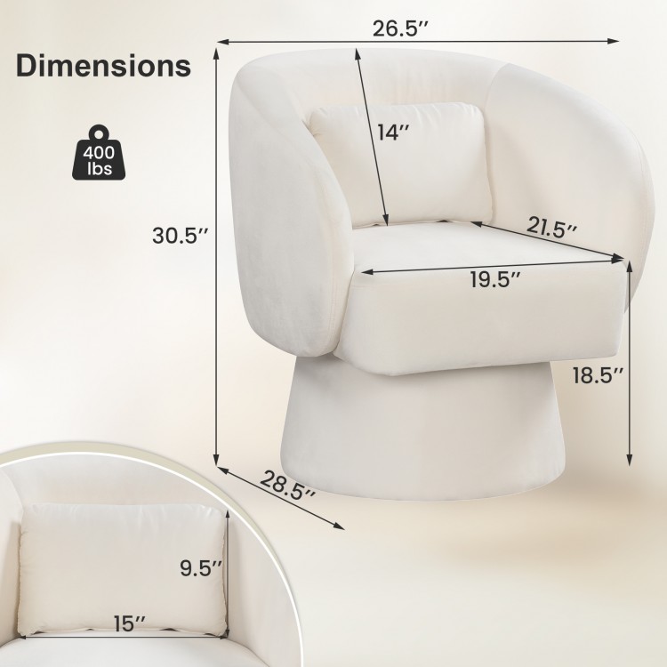 Beige swivel accent chair with curved back, removable lumbar pillow, and dimensions for ergonomic support and comfort.