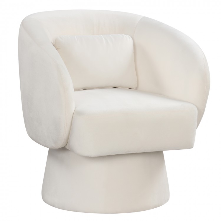 Beige swivel accent chair with curved back and removable lumbar pillow, designed for optimal comfort and support.