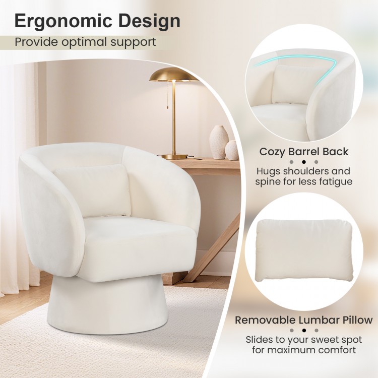 Beige swivel accent chair with ergonomic curved back and removable lumbar pillow for optimal comfort and support.