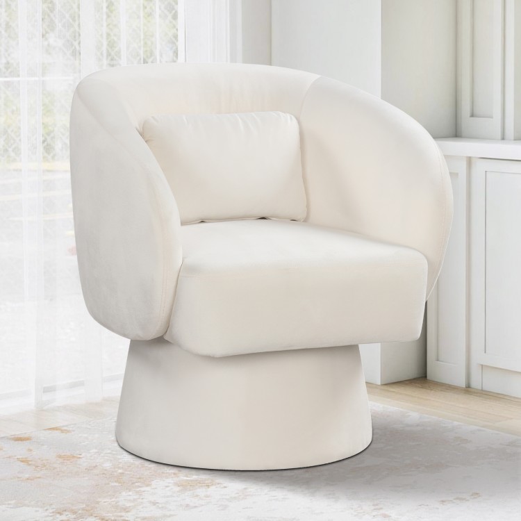 Beige swivel accent chair with curved back and removable lumbar pillow, designed for ergonomic comfort and stability.