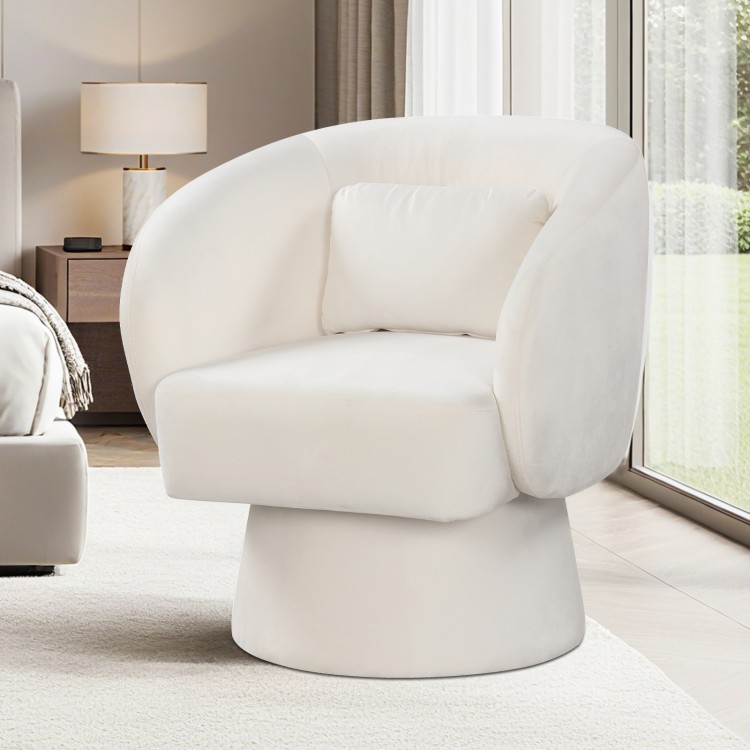 Swivel accent chair with curved back and removable lumbar pillow in beige, designed for optimal comfort and support.