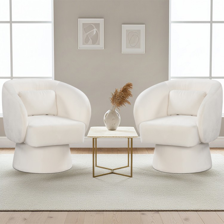 Beige swivel accent chairs with curved backs and removable lumbar pillows, ideal for stylish and comfortable seating.