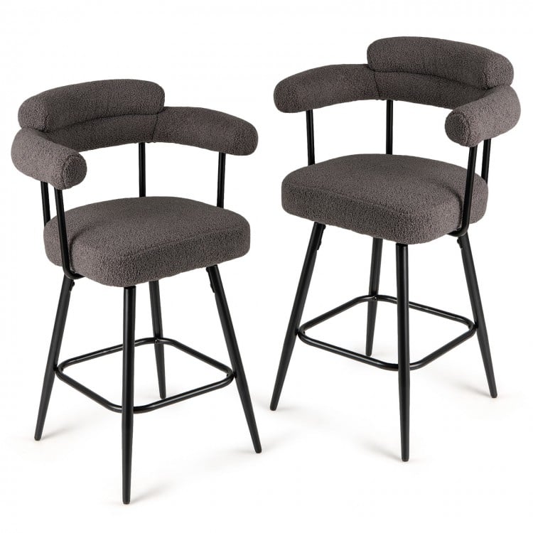 Set of 2 grey swivel bar stools with curved back and arms, featuring premium boucle cover for kitchen or bar use.